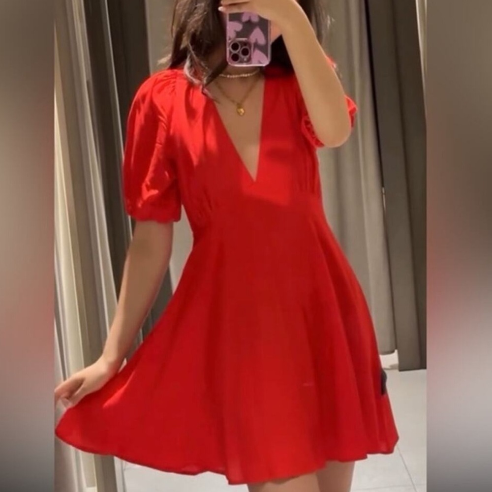 ZARA Balloon Sleeve Deep V Mini Dress